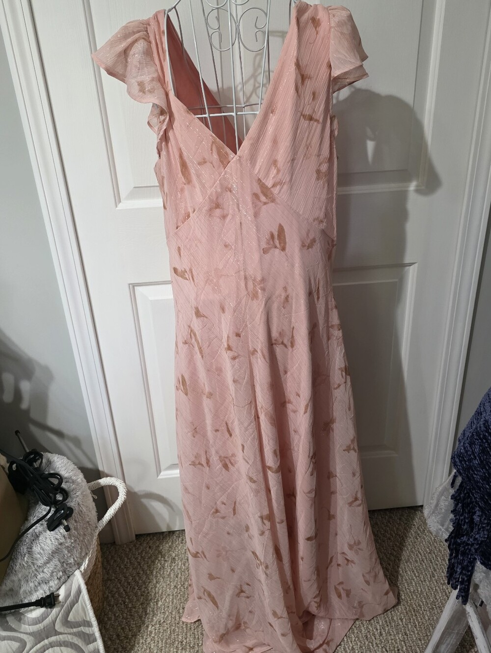 Calvin Klein Pink V-Neck Flutter-Sleeve Maxi Dress - Picture 4 of 6